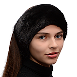Жіноча хутрова норкова пов'язка на голову з цільного хутра Блек, фото 6