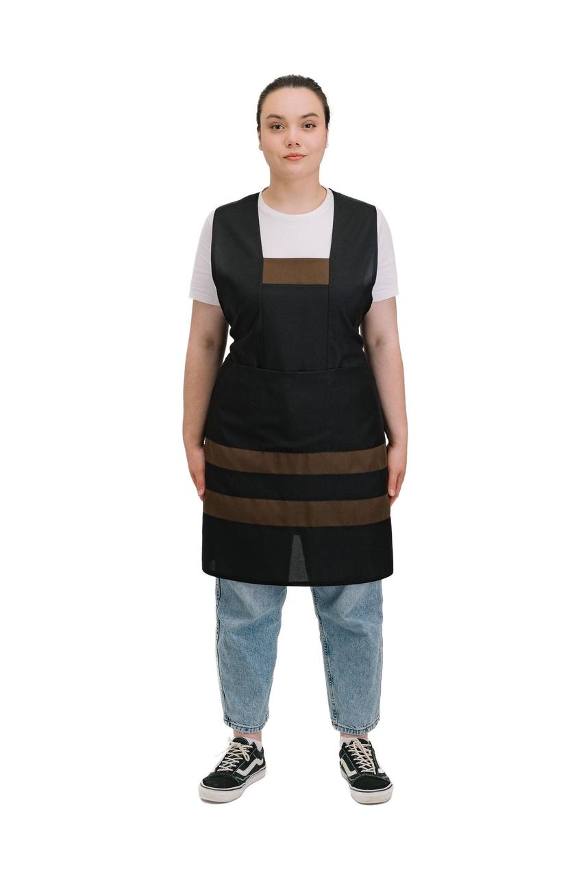 Фартух для продавця прибиральниці клінінгу зі спинкою подвійний чорно-коричневий, фото 1