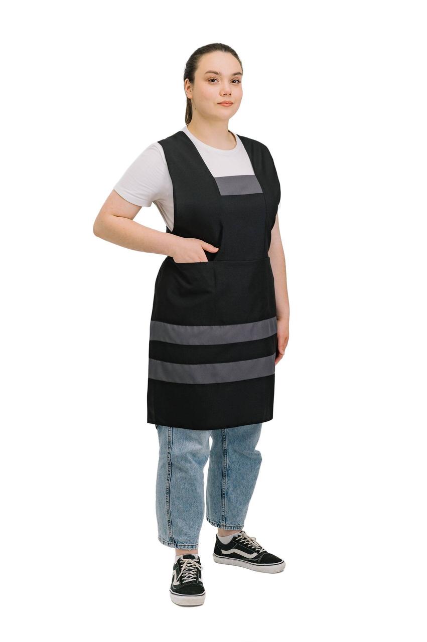 Фартух для продавця прибиральниці клінінгу зі спинкою подвійний чорно-сірий, фото 1