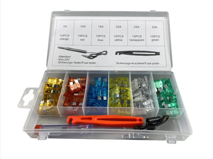 Набір запобіжників 93 шт (5А, 10А, 15А, 20А, 25А, 30А) захоплення + тестер 6-24В пластиковий бокс, фото 1