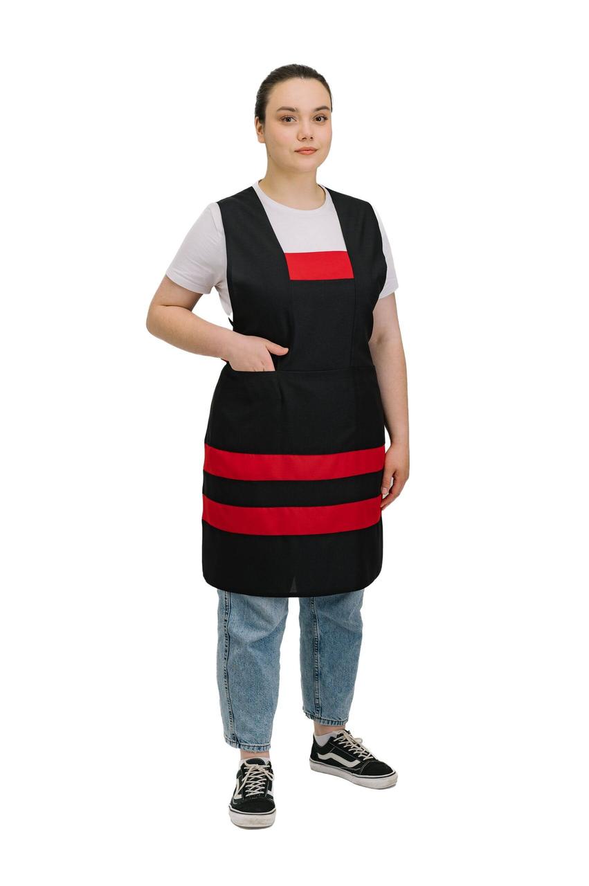 Фартух для продавця прибиральниці клінінгу зі спинкою подвійний чорно-червоний, фото 1
