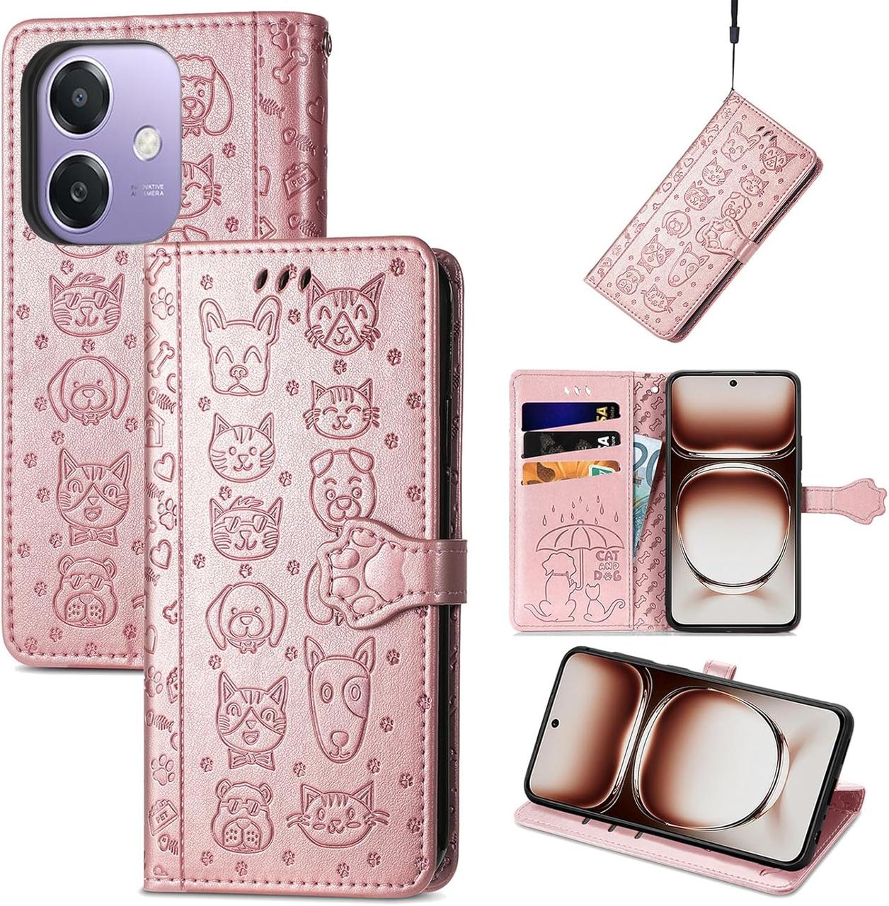 Чехол Embossed Cat and Dog для OPPO A3X / CPH2641 книжка кожа PU с визитницей розовое золото