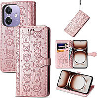 Чехол Embossed Cat and Dog для OPPO A40m / CPH2669 книжка кожа PU с визитницей розовое золото