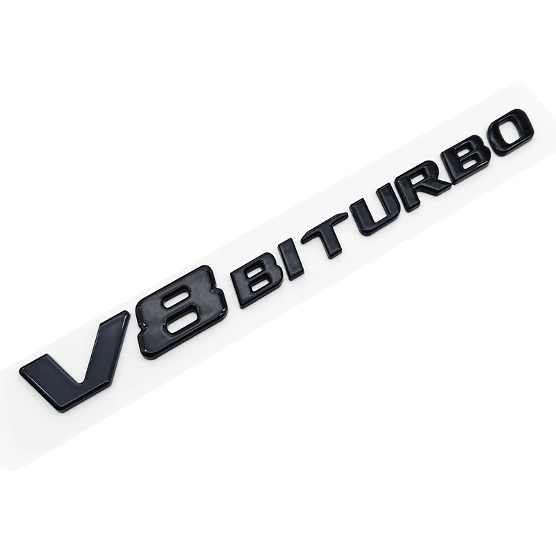 Емблема напис V8 BITURBO для Mercedes-Benz чорна глянцева 190х20 мм пластик (на скотчі), фото 1