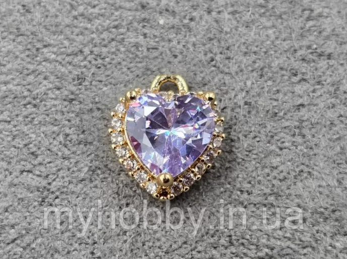 Серце 9*11 мм з бузковим стразом колір золото (гіпоалергенний сплав), фото 1