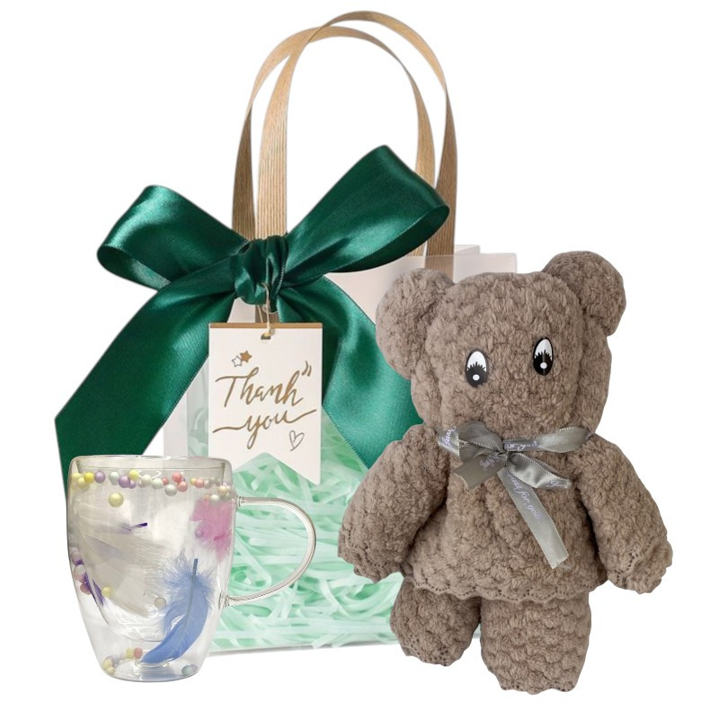 Подарунковий набір Чашка з подвійним дном із сухоцвітами рожевими+рушник у формі ведмедя коричневий+пакет зелений бант, фото 1