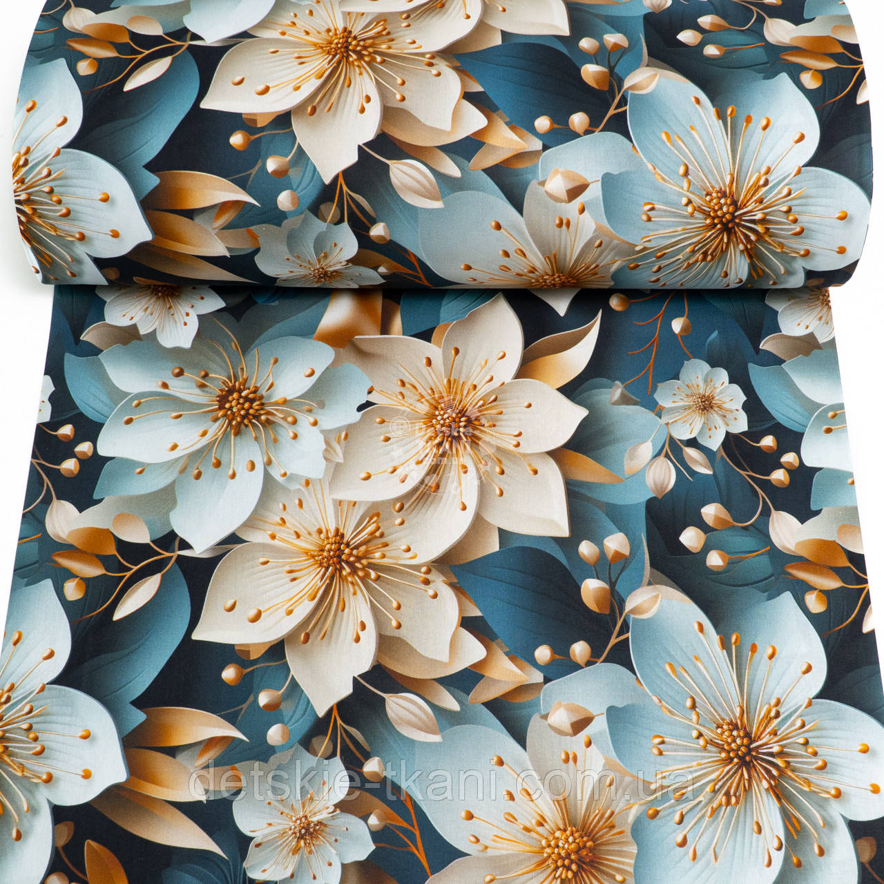 Ранфорс digital з цифровим друком 5D "Блакитні та молочні гостролисті квіти", №5718, фото 1