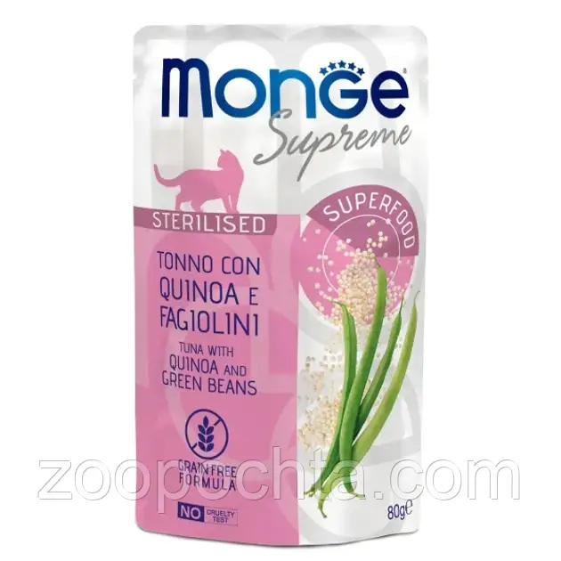 Вологий корм для стерилізованих кішок MONGE (Монж) CAT Sterilised Supreme з тунцем кіноа та стрючковою квасолею 80 гр, фото 1