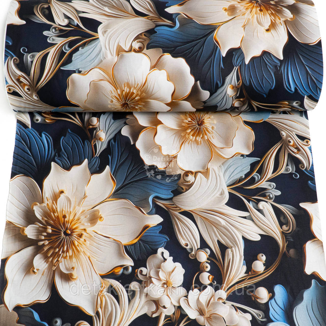 Ранфорс digital з цифровим друком 5D "Молочні квіти з синім листям", №5717, фото 1