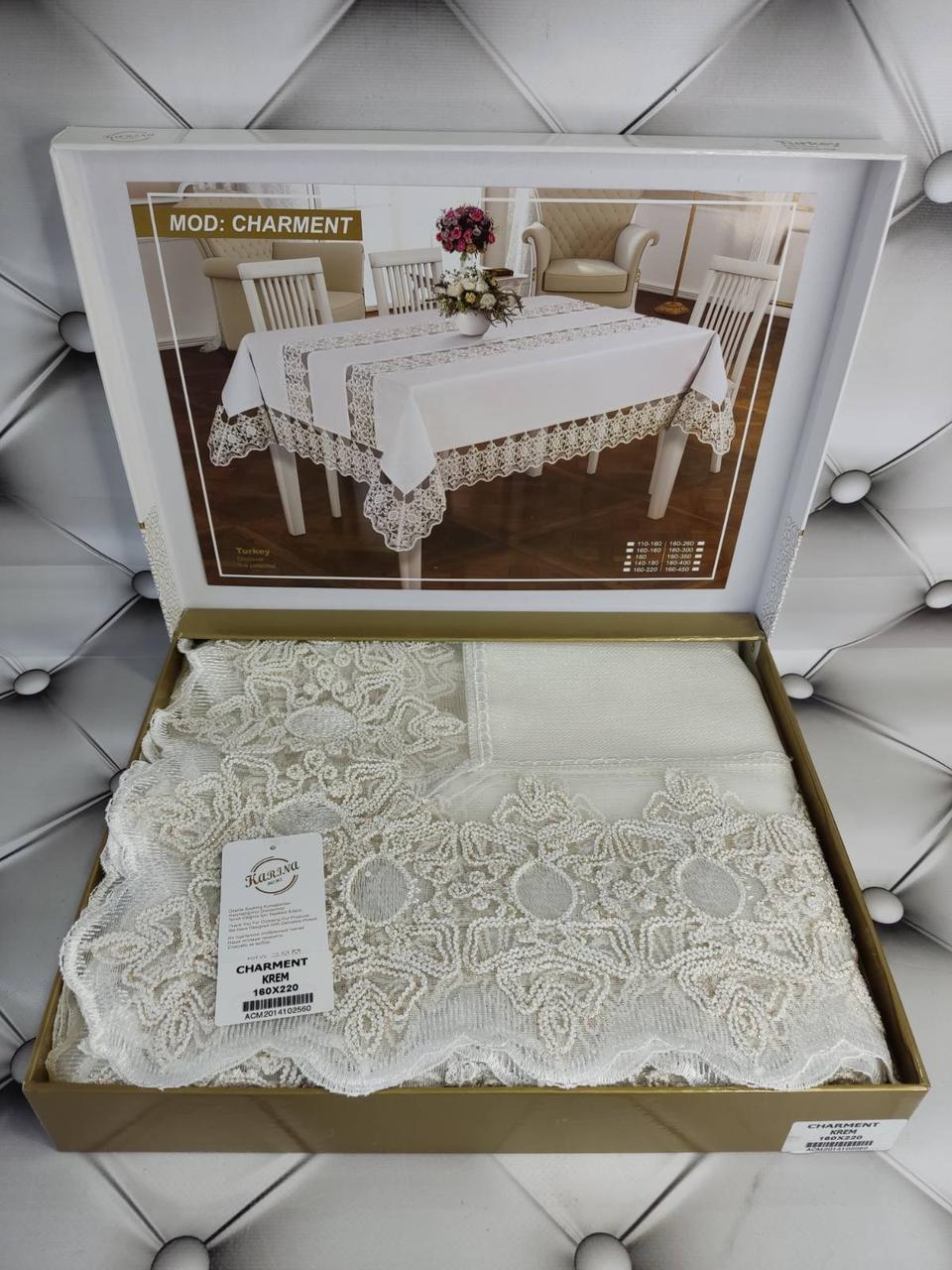 Скатертина з льону з мереживом в подарунковій коробці 160 на 220 см Karina Home Туреччина, фото 1