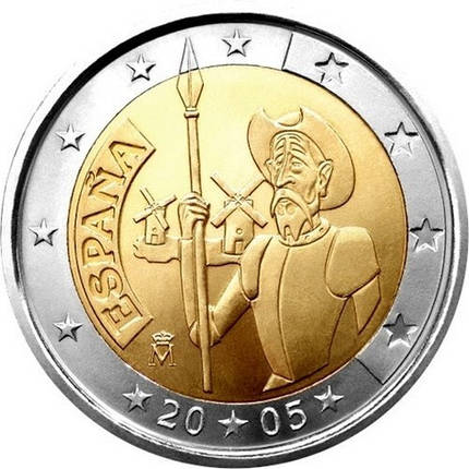 Монета номіналом 2 євро 2005 «400-річчя першого видання роману Мігеля де Сервантеса "Дон Кіхот" Іспанія, фото 1