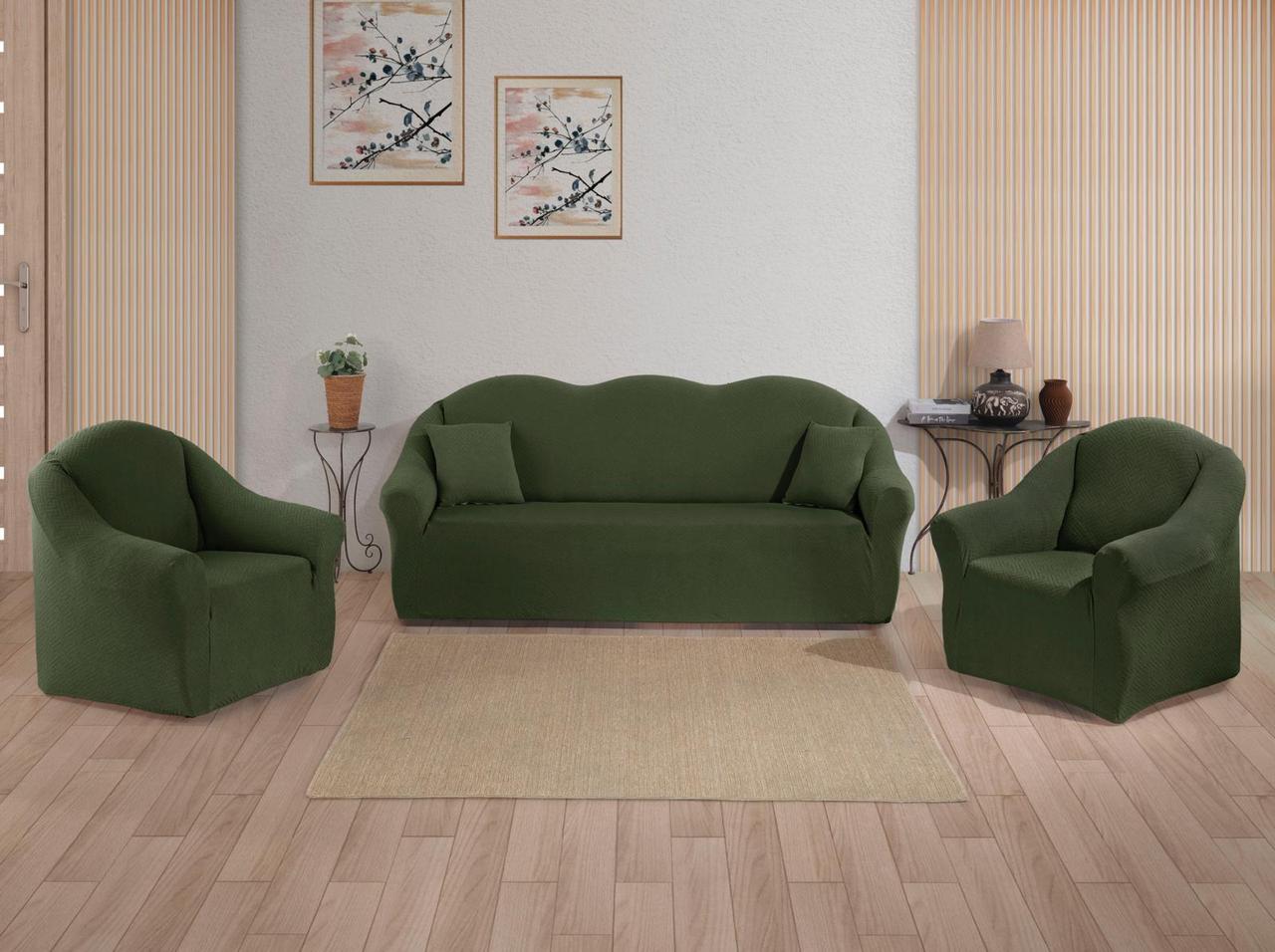 Чохли для меблів Soft Life диван та два крісла трикотаж без оборки зелені, фото 1