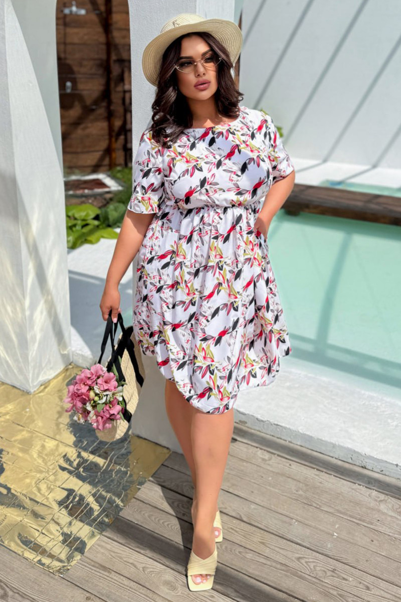 Сукня батал в талії гумка біла з квітковим малюнком софт