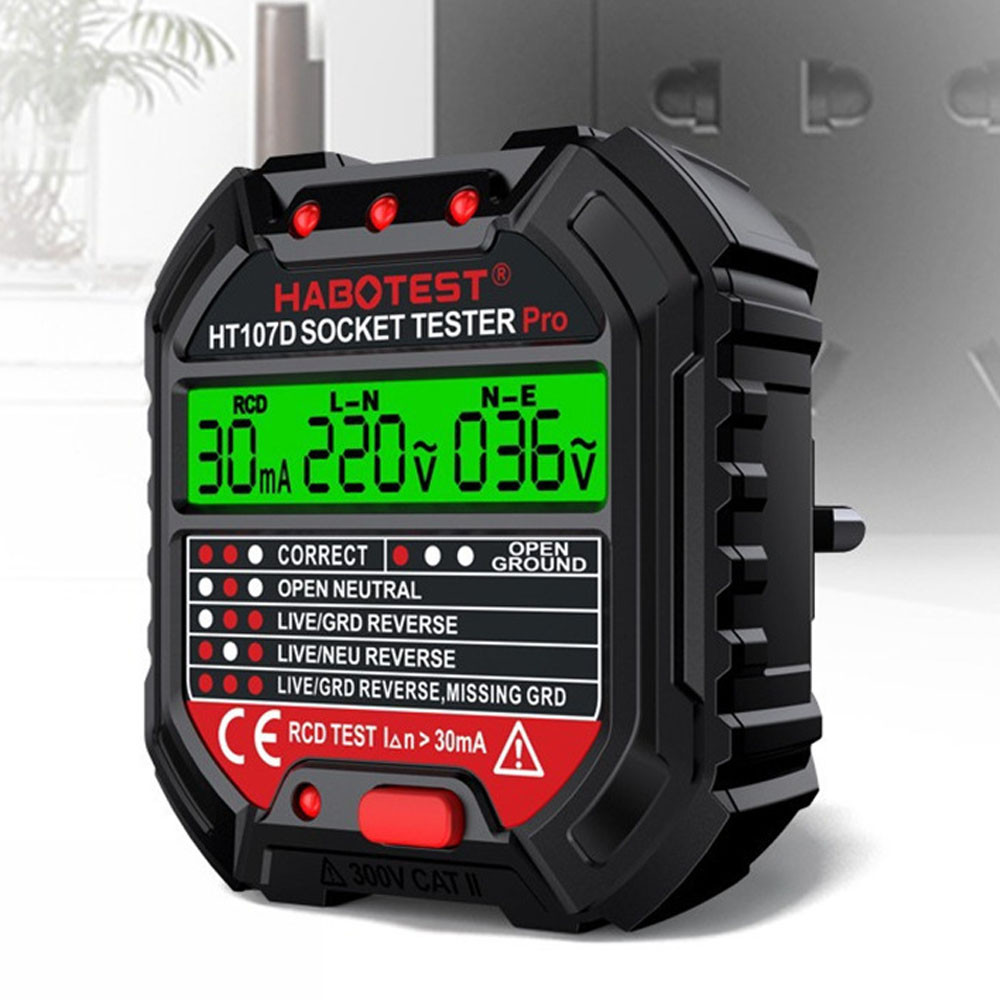 Тестер розеток цифровий HABOTEST HT107D (напруга, ПЗВ, полярність, заземлення) / Вимірювач потужності розеток, фото 1