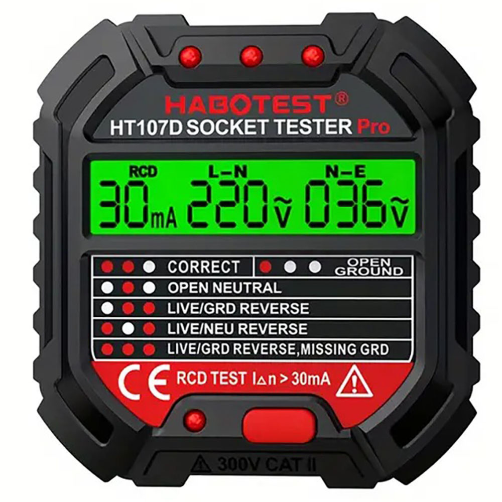 Тестер розеток цифровий HABOTEST HT107D (напруга, ПЗВ, полярність, заземлення) / Вимірювач потужності розеток, фото 1