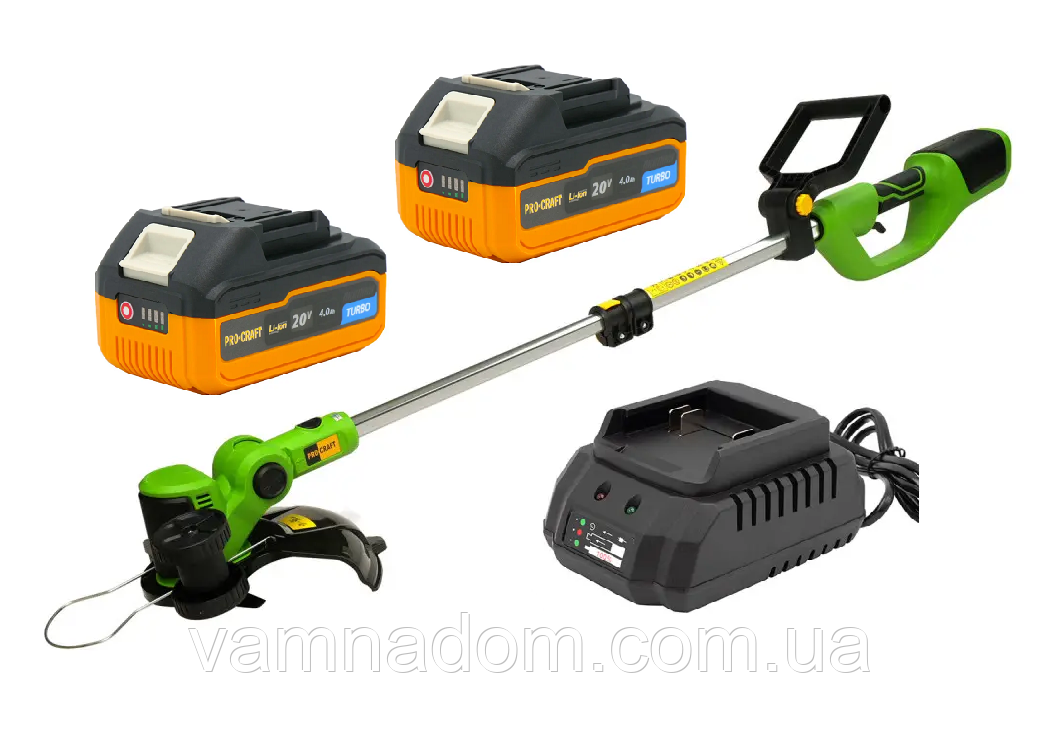 Акумуляторна коса Procraft PTA24/2 (2 Акумулятори 20 В, 4 А/год й Одинарне зарядне в комплекті), фото 1