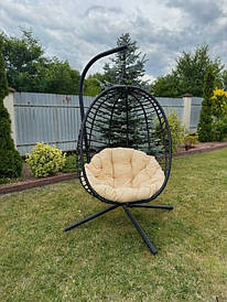 Підвісне садове крісло гойдалки (кокон/гніздо) SAN VITO з м'якою бежевою подушкою, Чорний