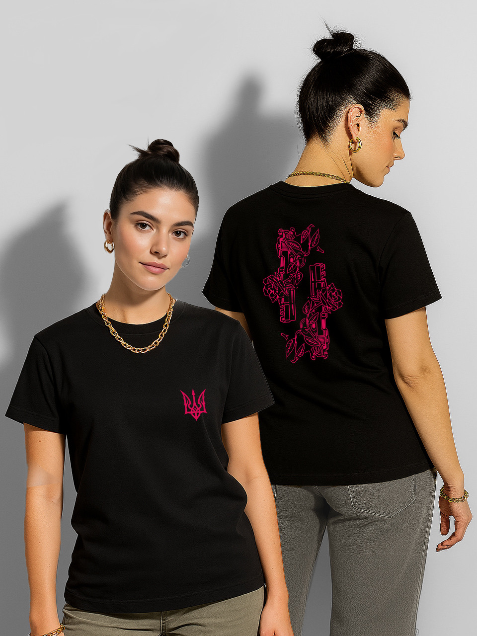 Футболка жіноча Пістолети в квітках (Герб України), футболка з принтом Патріотичні