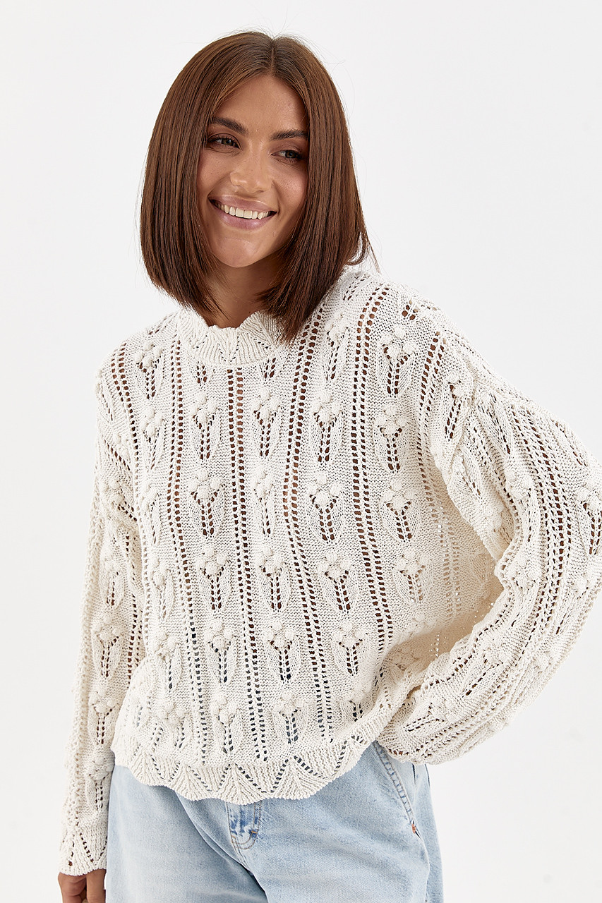 Жіночий светр з ажурного в'язання — молочний колір, ONE SIZE (є розміри), фото 1
