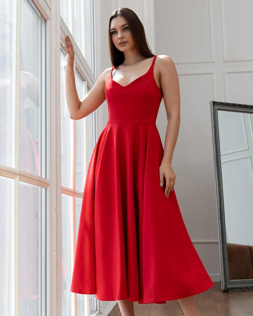 Молодіжне вечірнє плаття-міді з юбкою-кльош Regina, червоне, фото 1