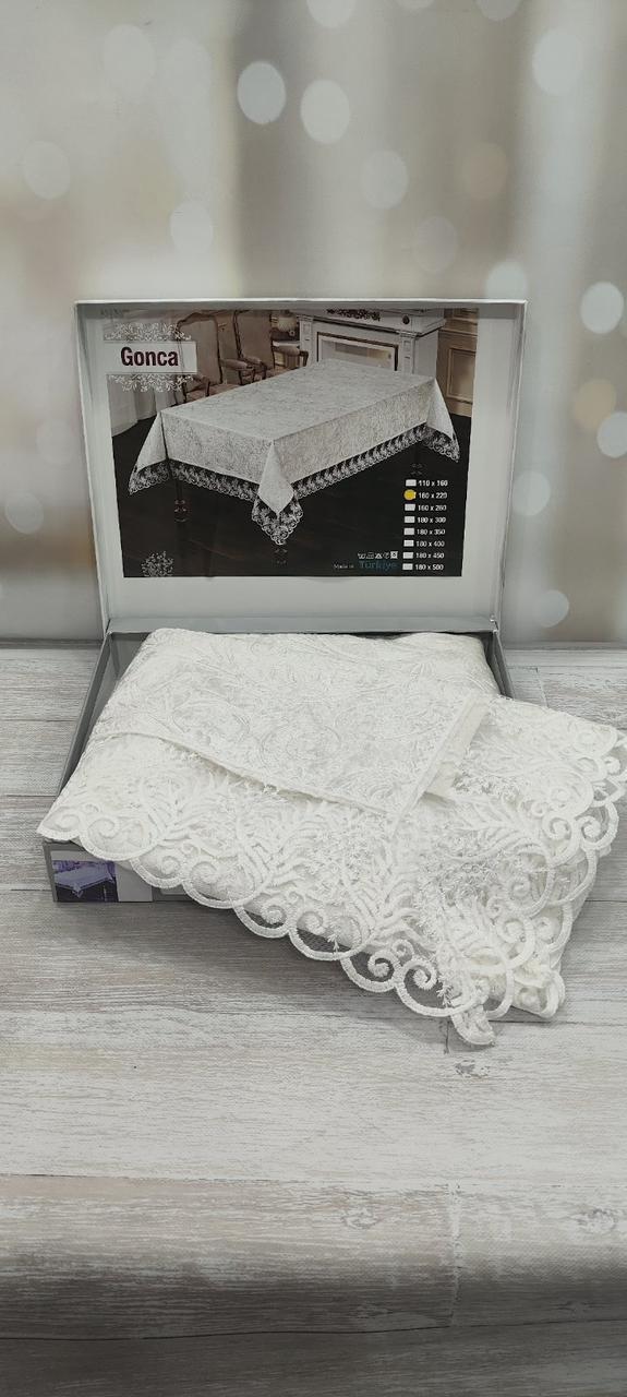 Скатертина тефлонова з мереживом 160 на 220 см Gonca Туреччина кремова, фото 1