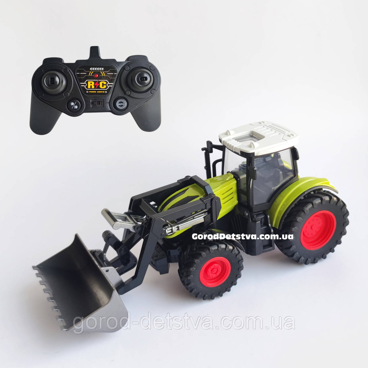 Радіокерований трактор з ковшем 29 см, акумулятор 3.7V, світло, гумові колеса (Зелений), фото 1