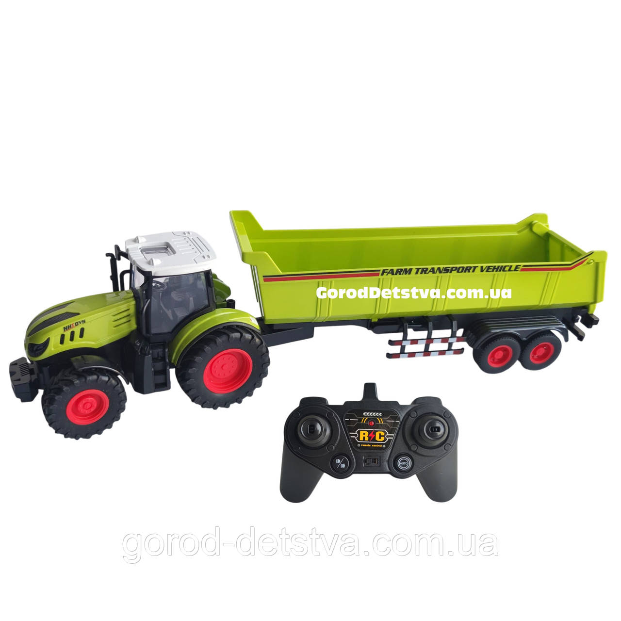 Радіокерований трактор з причепом 50 см, акумулятор 3.7V, світло, гумові колеса (Зелений), фото 1