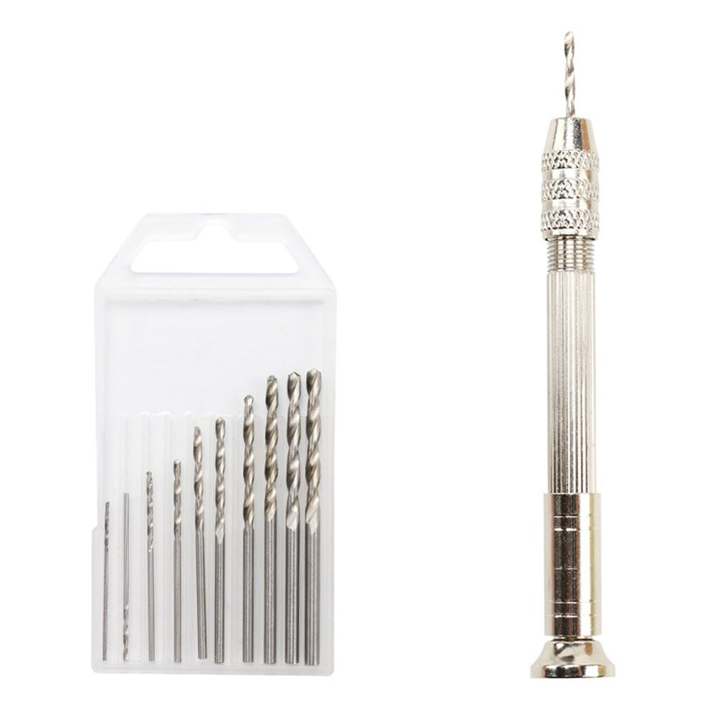 Ручна міні-дриль зі свердлами для дерева пластику та плат . Міні-дриль механічна з 10 свердлами срібляста, фото 1