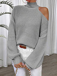 Сірий демісезонний в'язаний оверсайз светр з оголеним плечем із напіввовни в одному розмірі 42/46