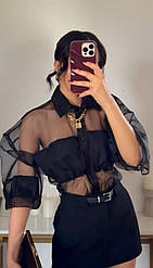 Шикарна романтична ніжна чорна блуза в трендовому стилі з органзи зі вставкою з котону з пишними рукавами