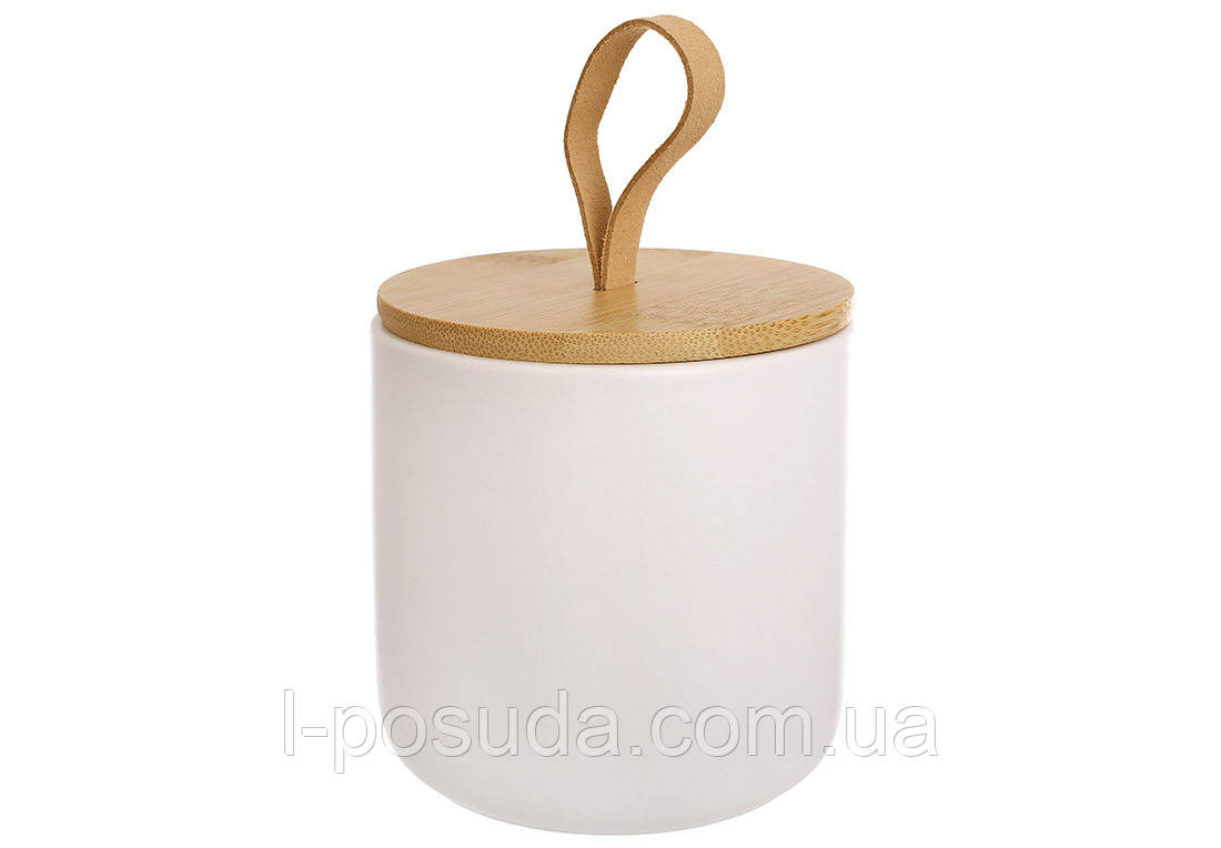 Банка керамічна з бамбуковою кришкою з ручкою петелькою 550мл, колір - білий, фото 1
