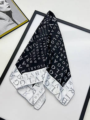 Шовкова брендова хустка BVLGARI 90*90 см чорний ручна обробка краю, фото 2