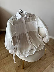 Шикарна романтична ніжна біла блуза в трендовому стилі з органзи зі вставкою з котону з пишними рукавами