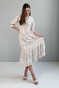 Сукня міді жіноча літня повсякденна штапельна бежева в квітковий принт 3715-01