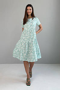 Сукня жіноча літня по коліно штапельна м'ятна в квітовий принт 3694-03
