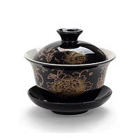 Гайвань традиційна з порцеляни кунг-фу 125 мл малюнок "Квітка півонія" чорна