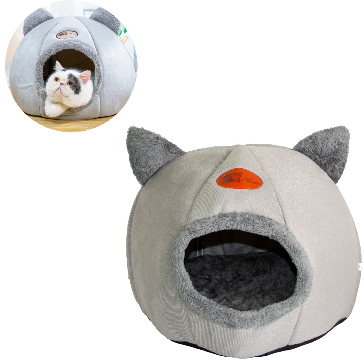 Будиночок для кота Aoxin 35х35х34см. Сірий із смужками, тепла лежанка для кошенят - спальне місце для кота, фото 1