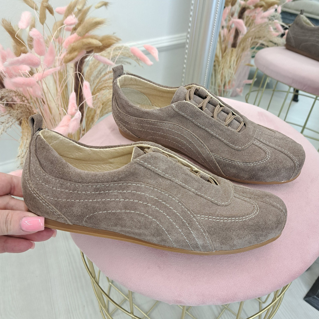 Кроссовки замшевые женские на тонкой подошве. Цвет визон, фото 1