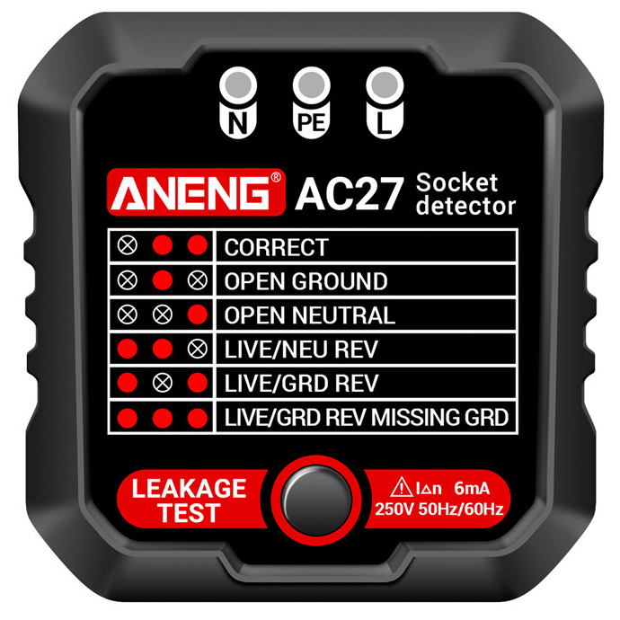 Тестер розеток для виявлення помилок підключення та перевірки ПЗВ ANENG AC27 чорний, фото 1