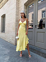 Літня шовкова сукня на бретелях з воланом кольори: лимон, молоко, рожевий, чорний | Розміри S-M, M-L