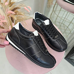 Кросівки шкіряні жіночі на шнурівці. Колір чорний, білий