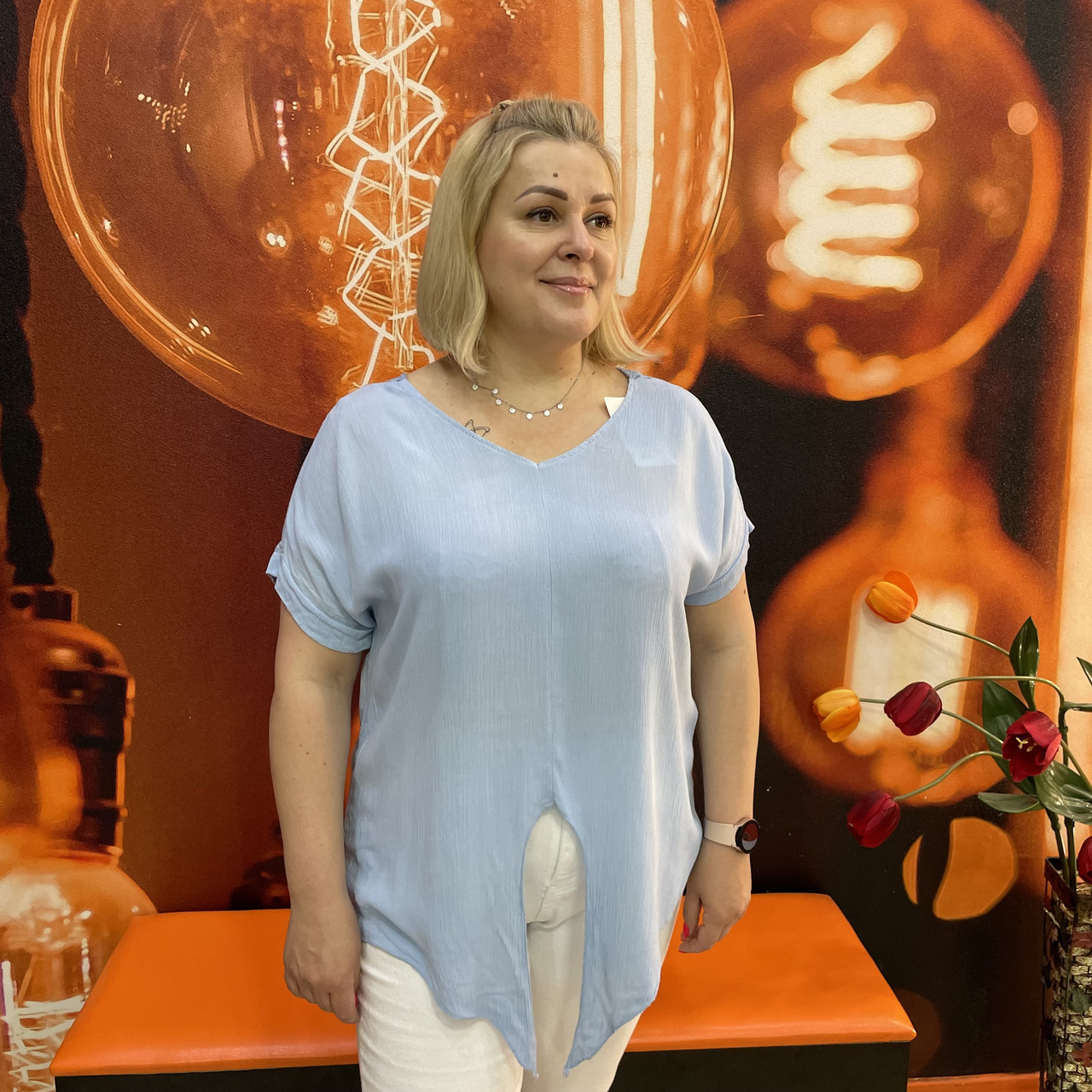 Футболка жіноча блуза віскоза макраме короткий рукав 48/50 блакитна, фото 1