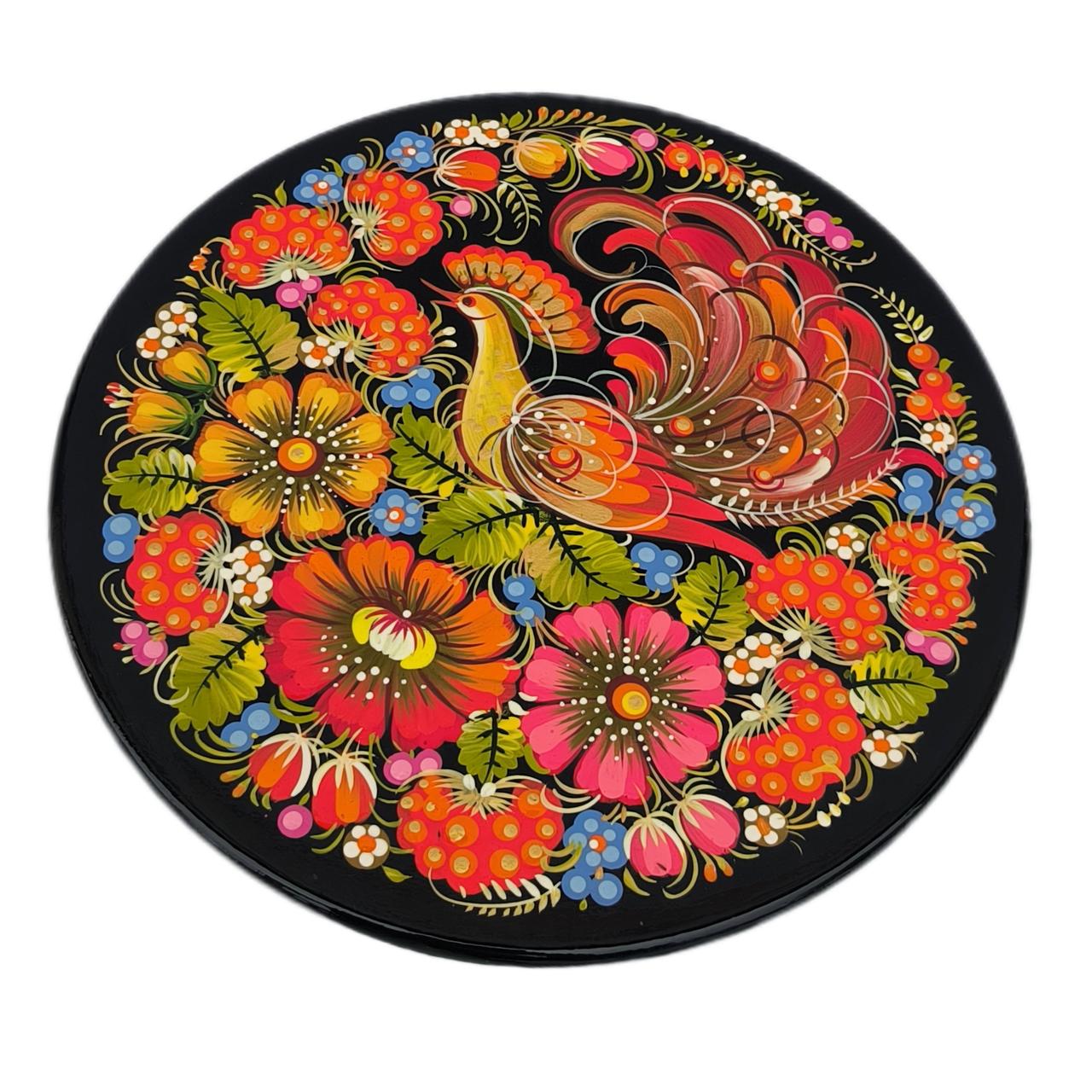 Дерев'яна тарілка 20 см з петриківським розписом "Жар птиця та квіти", гарний подарунок у подарунковій коробці