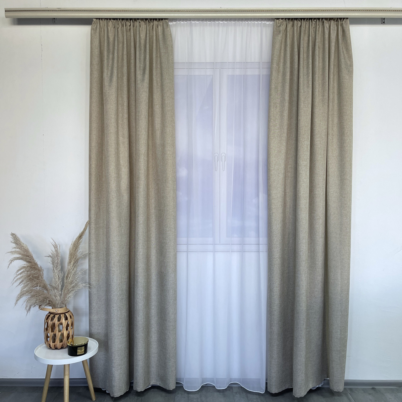 Штори з легкого льону бежеві з білим шифоновим тюлем ALBO (SHTN-M1-10), фото 1