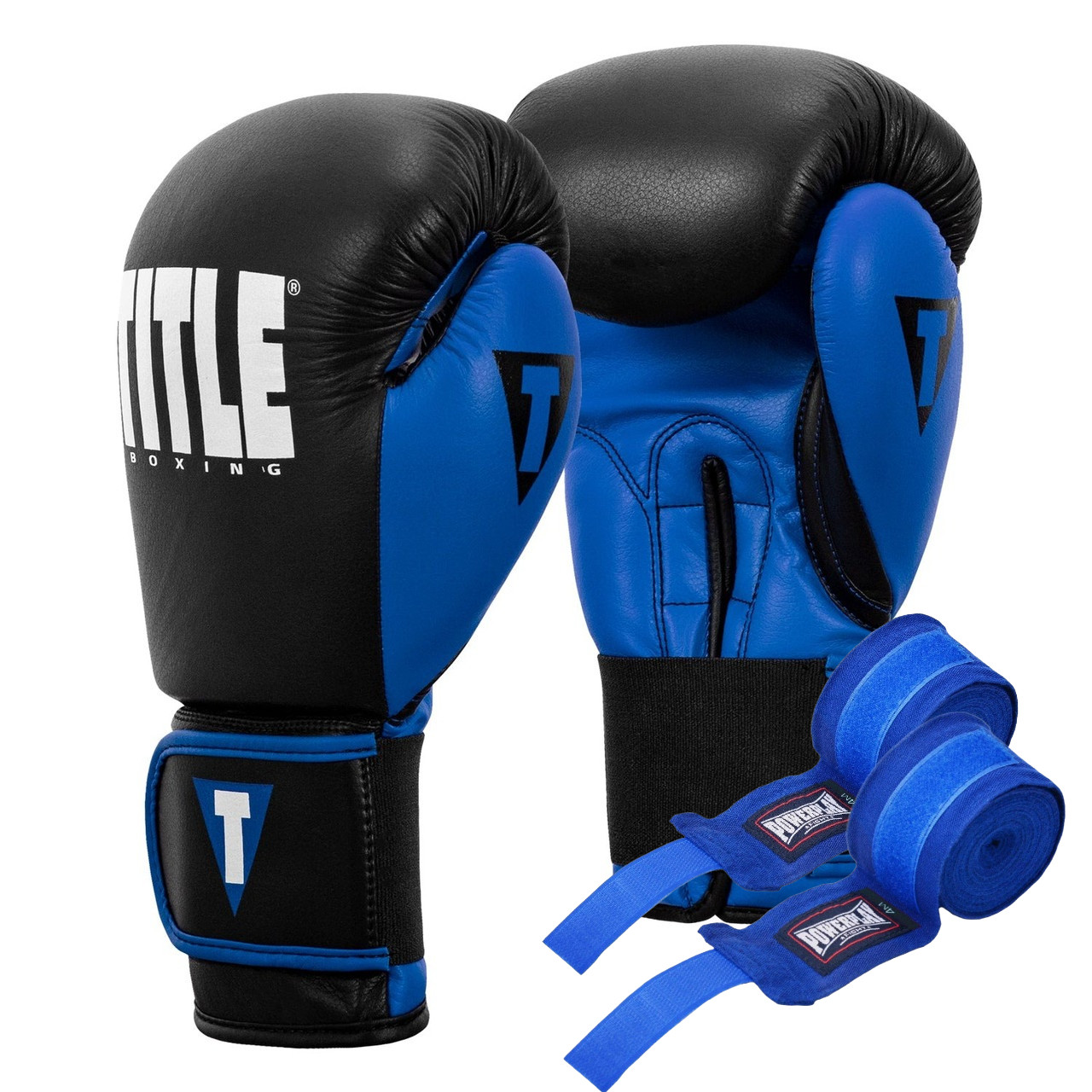 Боксерські рукавиці TITLE Boxing Dynamic Strike Black/Blue 14 oz (бинти 4м. у комплекті), фото 1