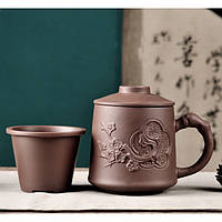 Чашка для чаю із ситом Квітка сливи коричнева 500 мл. Кухоль заварник із глини, заварювальна чашка