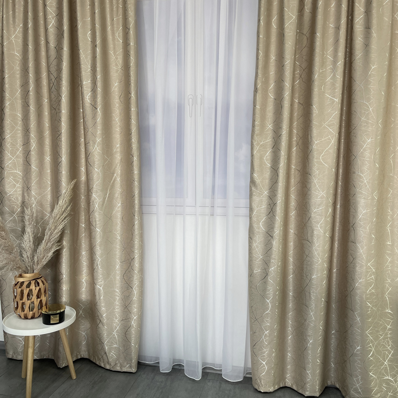 Штори льон "бите скло" бежеві з білим шифоновим тюлем ALBO (SHTN-M17-5), фото 1