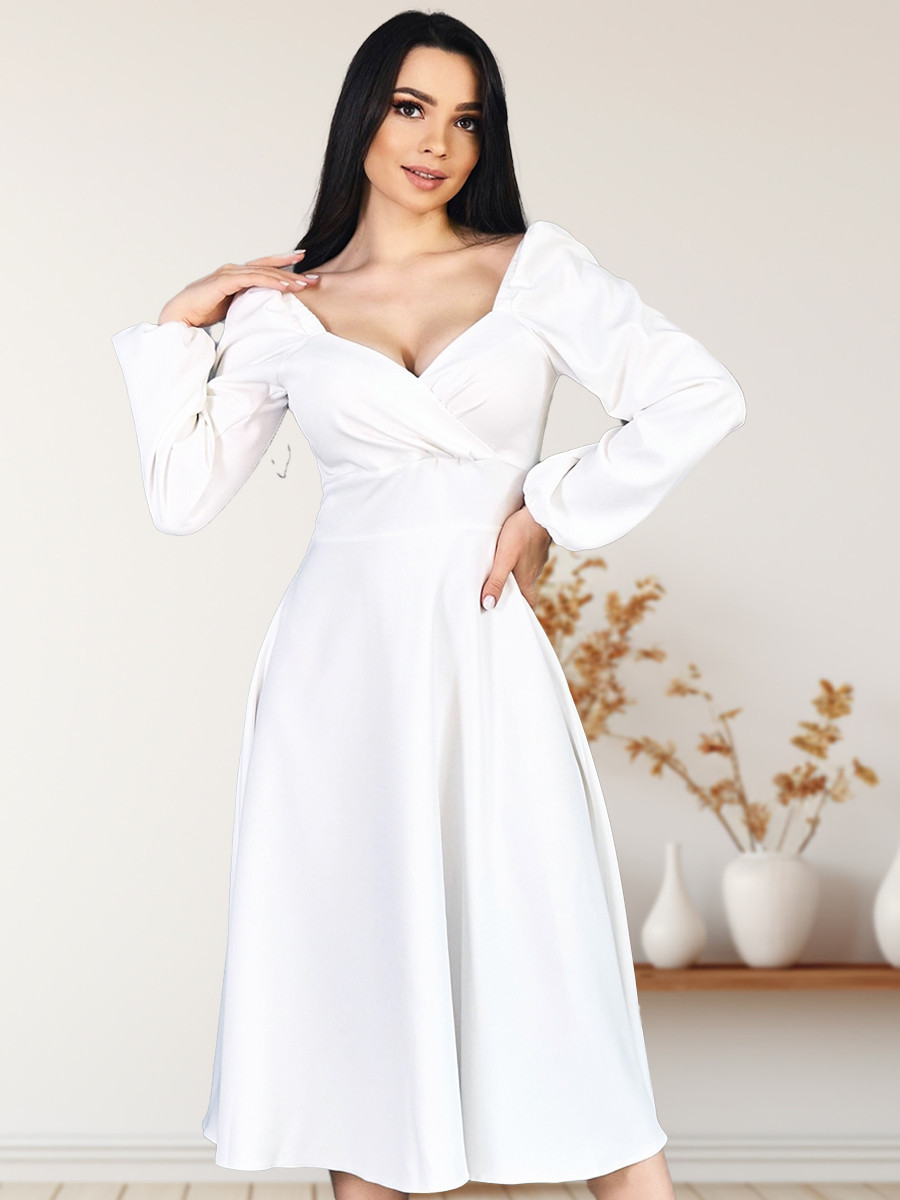 Вечірнє романтичне жіноче плаття з декольте і пишними рукавами, молочно-біле, фото 1