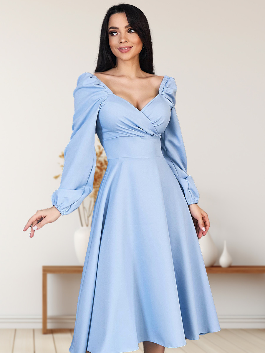 Вечірнє романтичне жіноче плаття з декольте і пишними рукавами, блакитне, фото 1