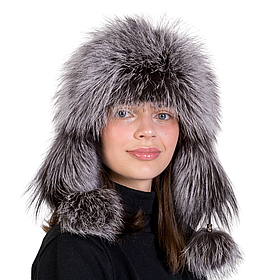 Жіноча хутряна шапка Ушанка з натурального хутра чорнобурки